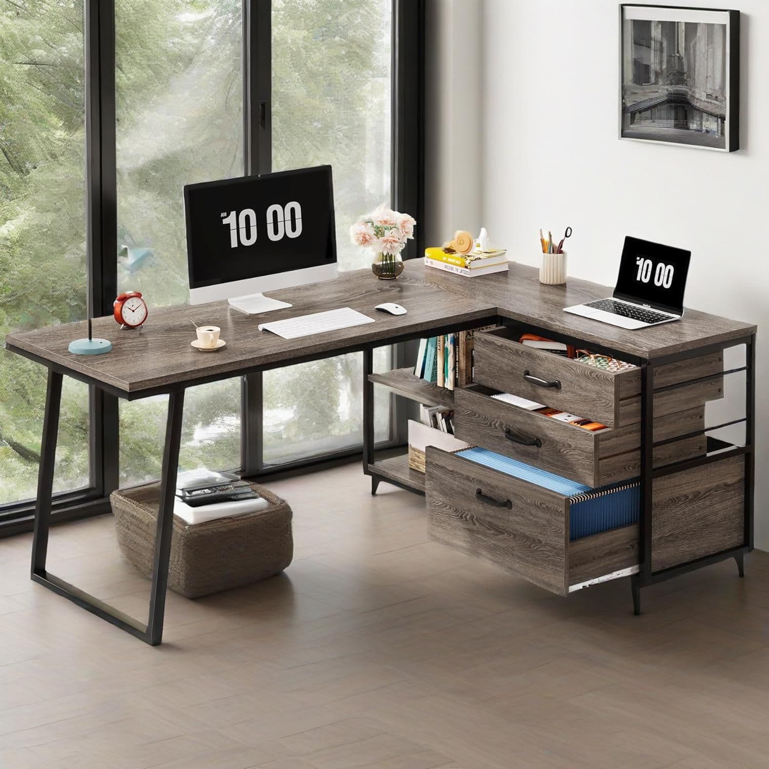L-Shaped Desk With 3 Drawers, Reversible Corner Home Office Computer Desk With Shelves, 53-Inch Industrial PC Desk Study Writing Table Workstation